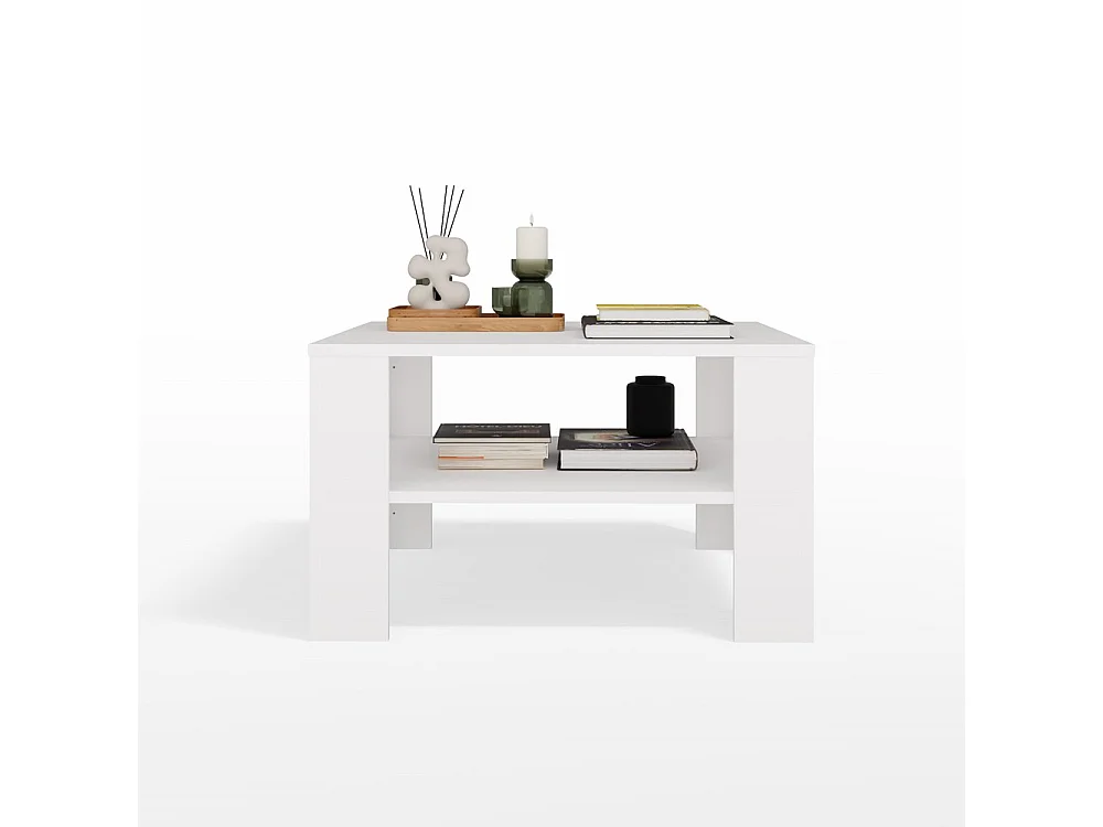 SQUARE - Tavolino da caffè con ripiano sotto il piano - Panca per soggiorno - 68x68x40 cm - BIANCO