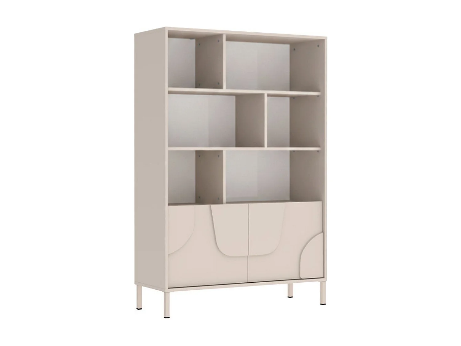 Meuble de rangement étagères 2 portes laqué beige façade relief piètement métal - EGERIE