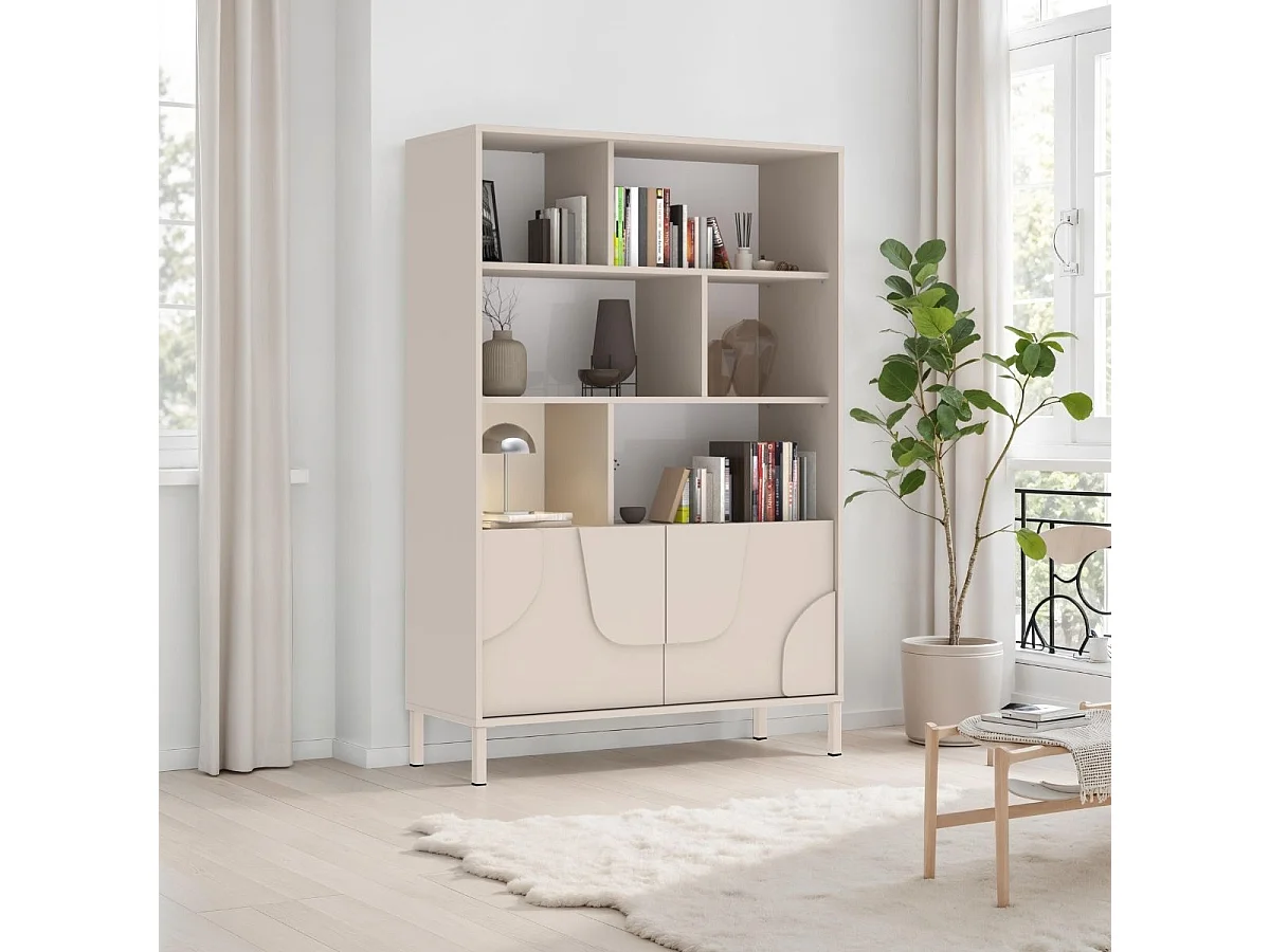 Meuble de rangement étagères 2 portes laqué beige façade relief piètement métal - EGERIE