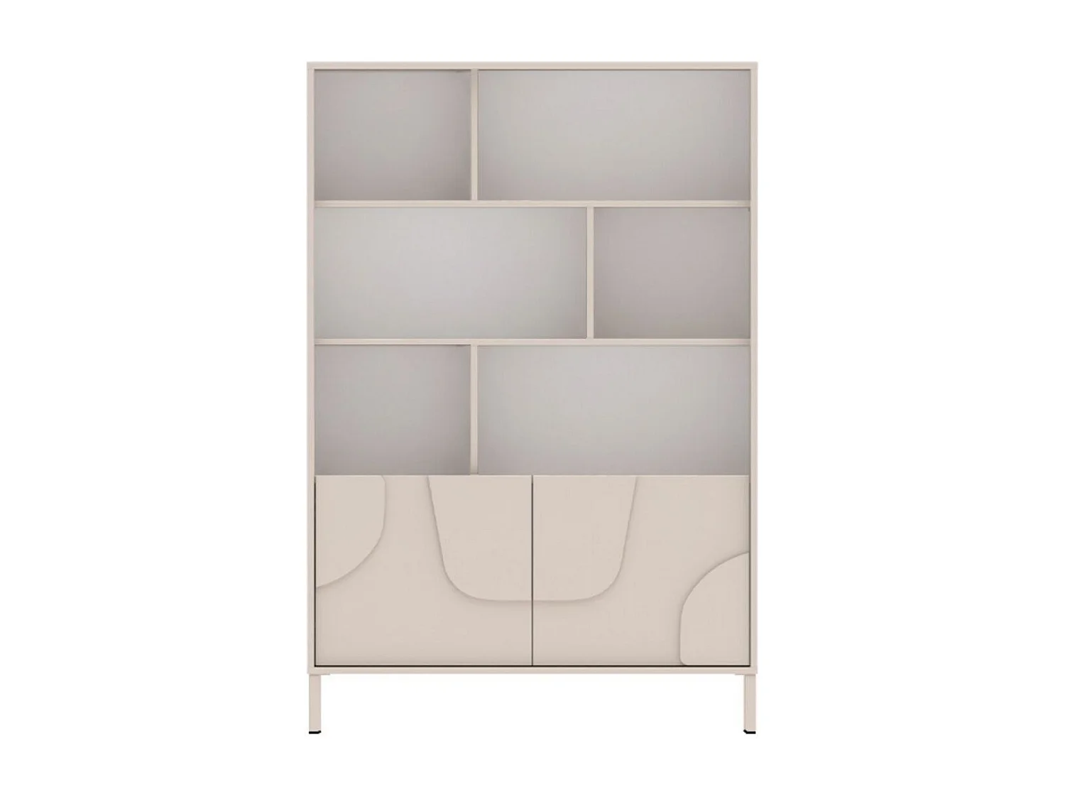 Meuble de rangement étagères 2 portes laqué beige façade relief piètement métal - EGERIE