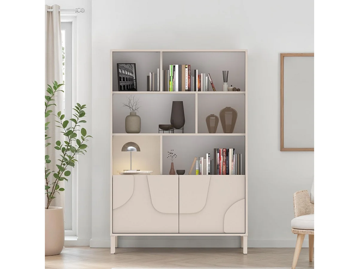 Meuble de rangement étagères 2 portes laqué beige façade relief piètement métal - EGERIE