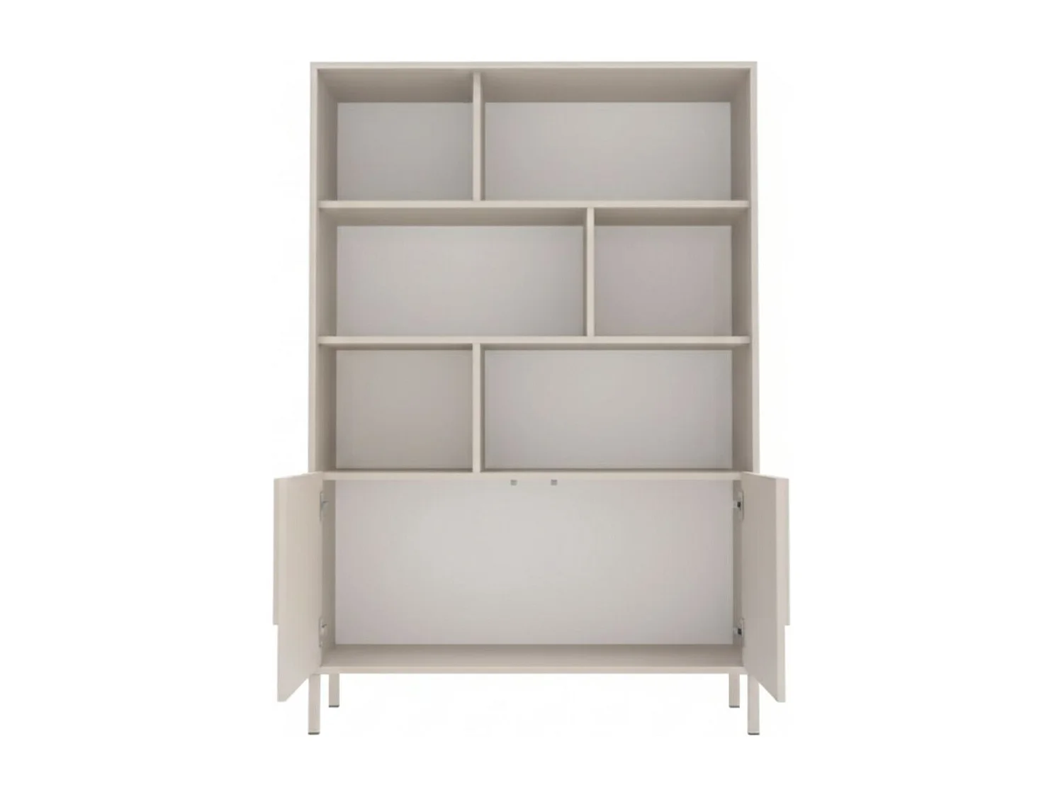 Meuble de rangement étagères 2 portes laqué beige façade relief piètement métal - EGERIE