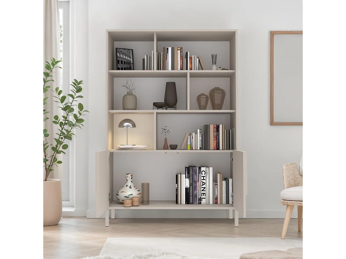 Meuble de rangement étagères 2 portes laqué beige façade relief piètement métal - EGERIE