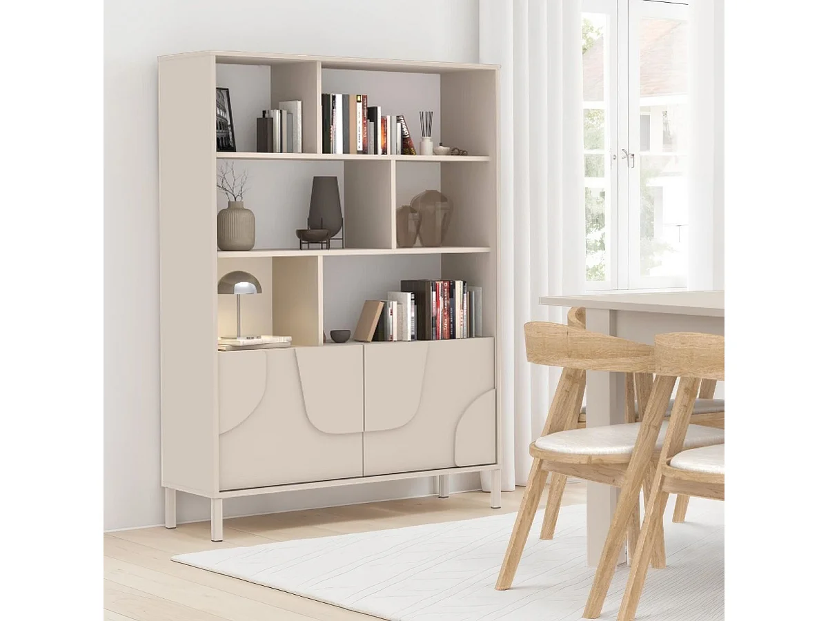 Meuble de rangement étagères 2 portes laqué beige façade relief piètement métal - EGERIE