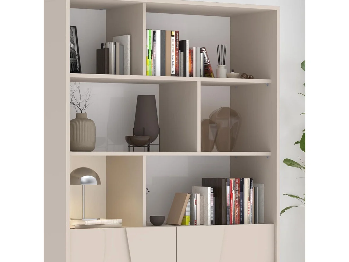 Meuble de rangement étagères 2 portes laqué beige façade relief piètement métal - EGERIE