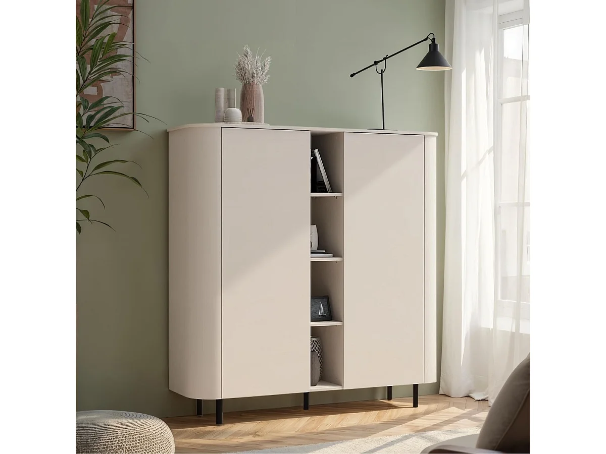 Meuble de rangement 2 portes et niches finition laqué beige design coins arrondis pieds métal noir - LYNA