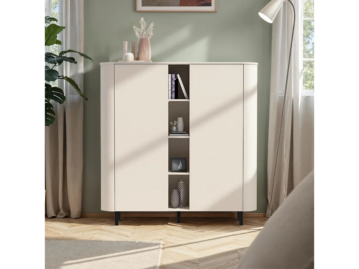 Meuble de rangement 2 portes et niches finition laqué beige design coins arrondis pieds métal noir - LYNA