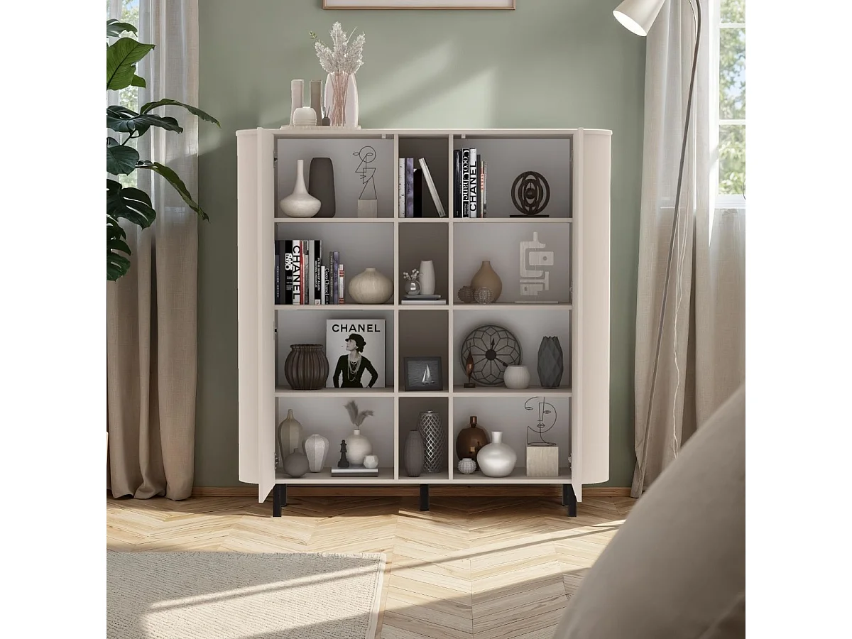 Meuble de rangement 2 portes et niches finition laqué beige design coins arrondis pieds métal noir - LYNA