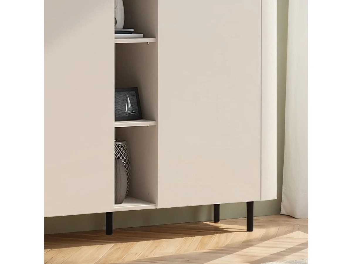 Meuble de rangement 2 portes et niches finition laqué beige design coins arrondis pieds métal noir - LYNA