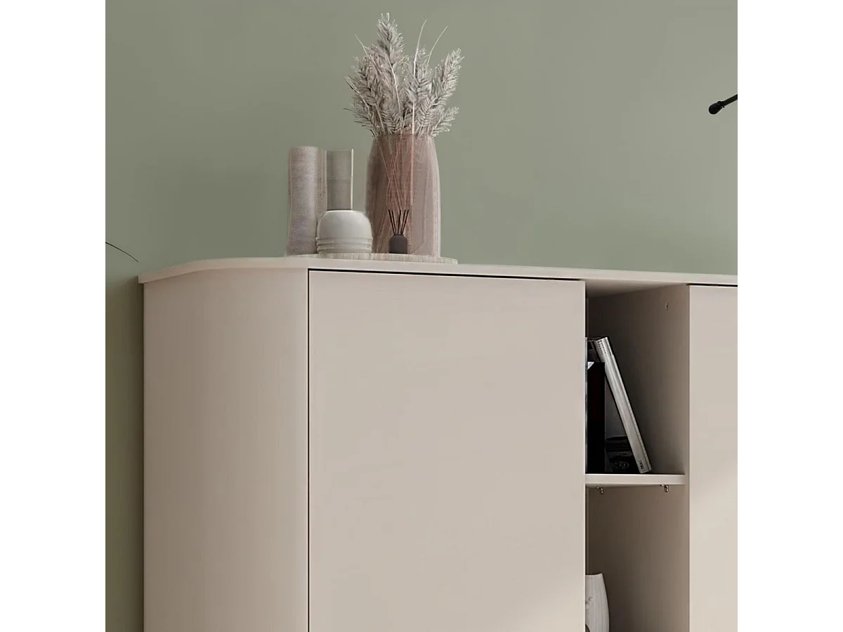 Meuble de rangement 2 portes et niches finition laqué beige design coins arrondis pieds métal noir - LYNA