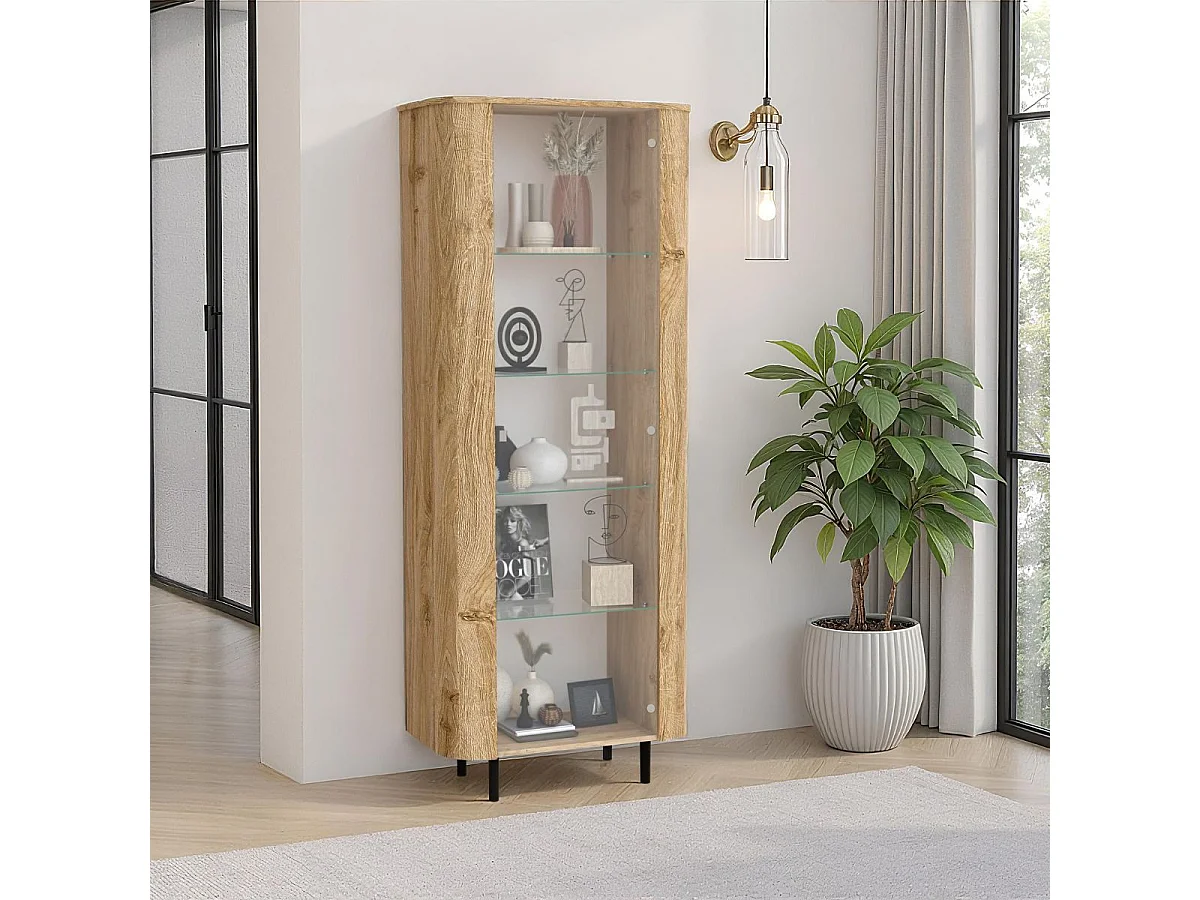 Vitrine 1 porte aspect bois finition Cadiz design coins arrondis pieds métal noir - VIVARINI