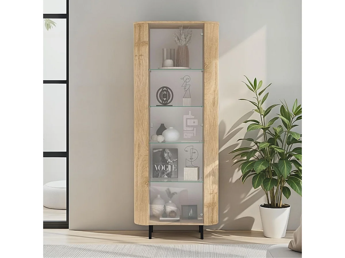 Vitrine 1 porte aspect bois finition Cadiz design coins arrondis pieds métal noir - VIVARINI