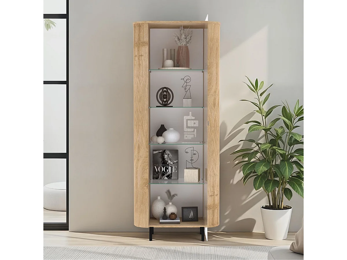Vitrine 1 porte aspect bois finition Cadiz design coins arrondis pieds métal noir - VIVARINI