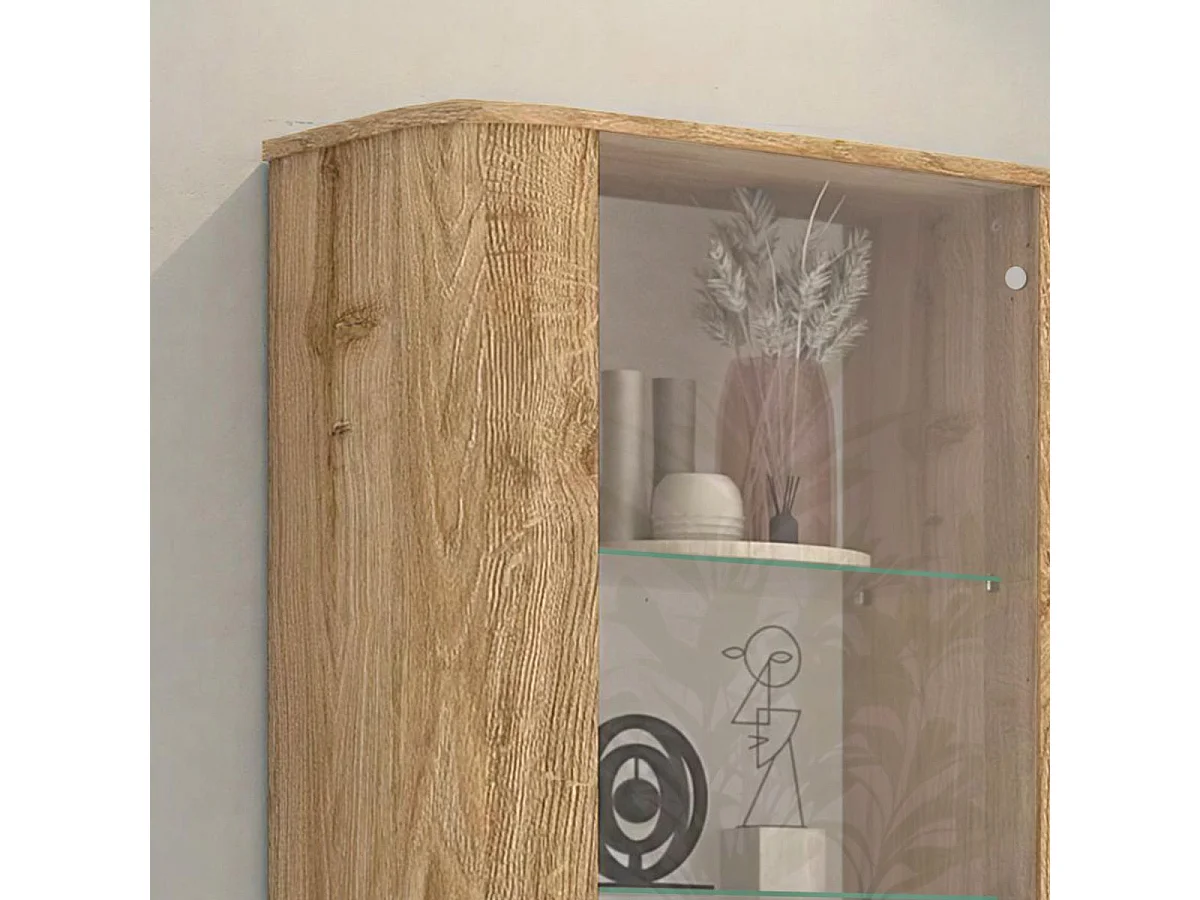 Vitrine 1 porte aspect bois finition Cadiz design coins arrondis pieds métal noir - VIVARINI