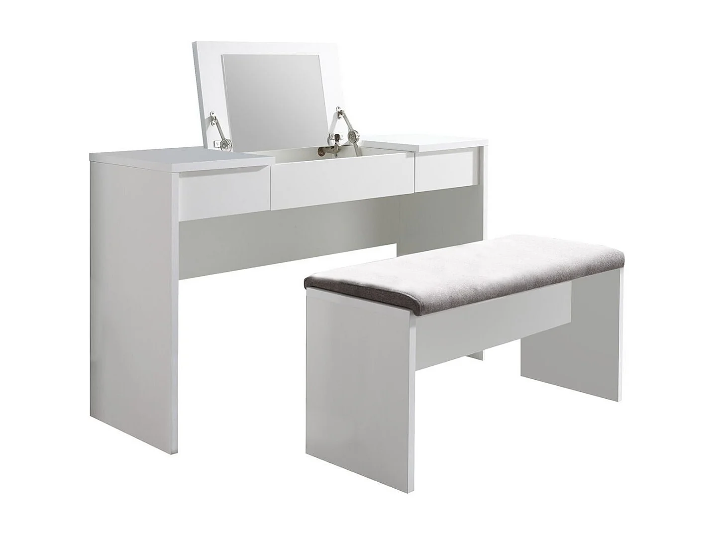 Coiffeuse laquée blanche 2 Tiroirs et miroir relevable avec banquette - LINDSEY