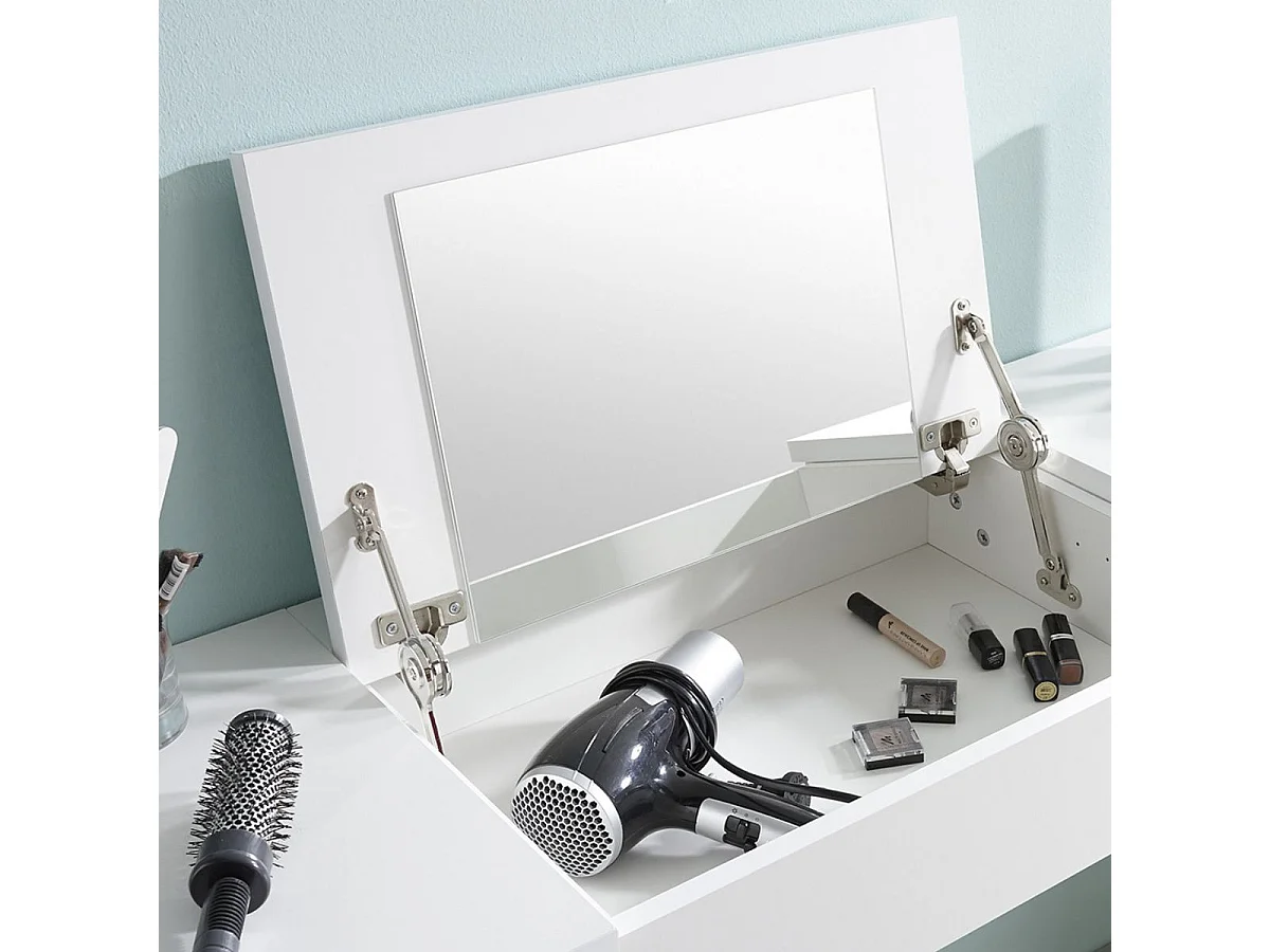 Coiffeuse laquée blanche 2 Tiroirs et miroir relevable avec banquette - LINDSEY
