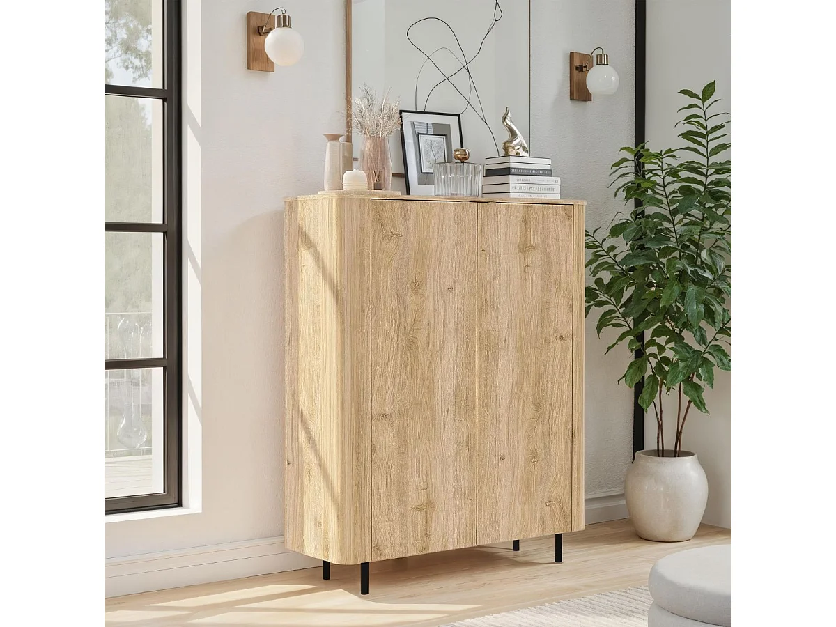 Meuble de rangement 2 portes aspect bois finition Cadiz design coins arrondis pieds métal noir - VIVARINI