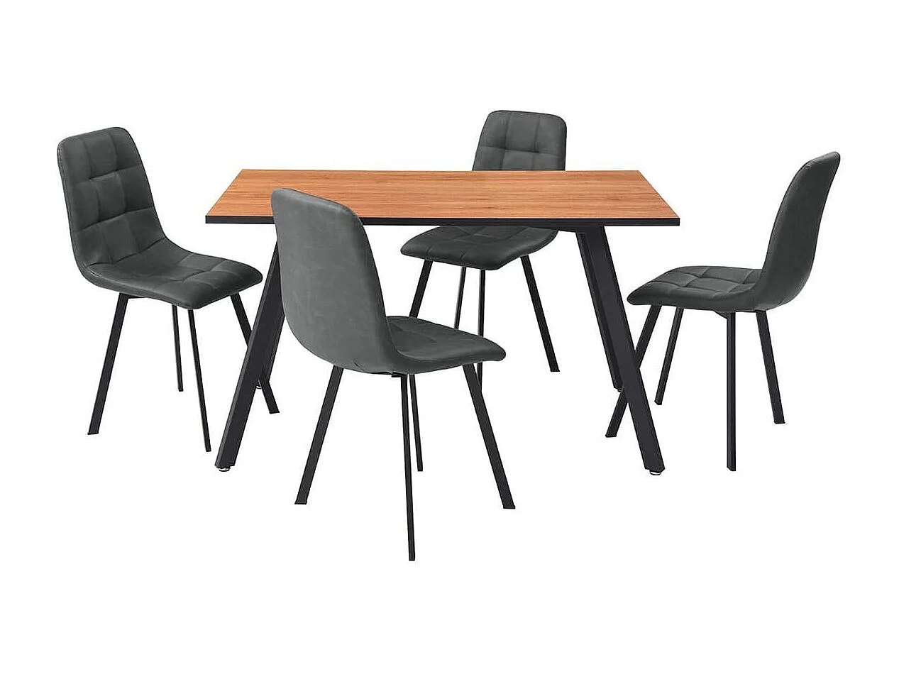 Ensemble repas table rectangulaire aspect bois + 4 chaises gris foncé - NAZAR