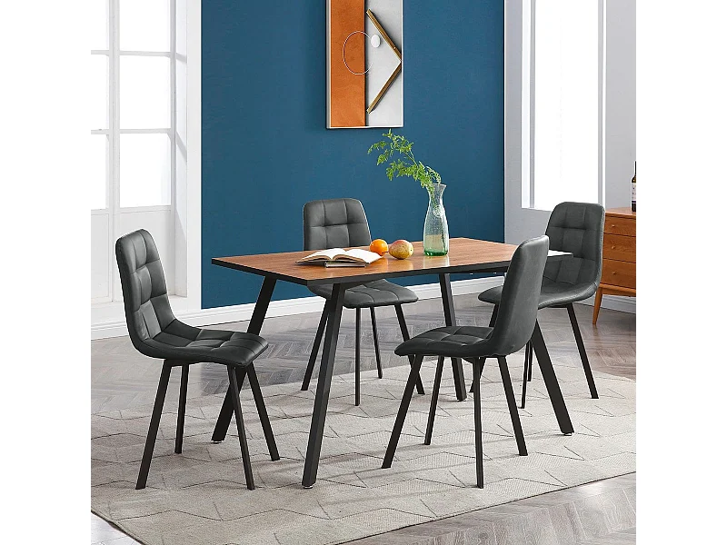 Ensemble repas table rectangulaire aspect bois + 4 chaises gris foncé - NAZAR