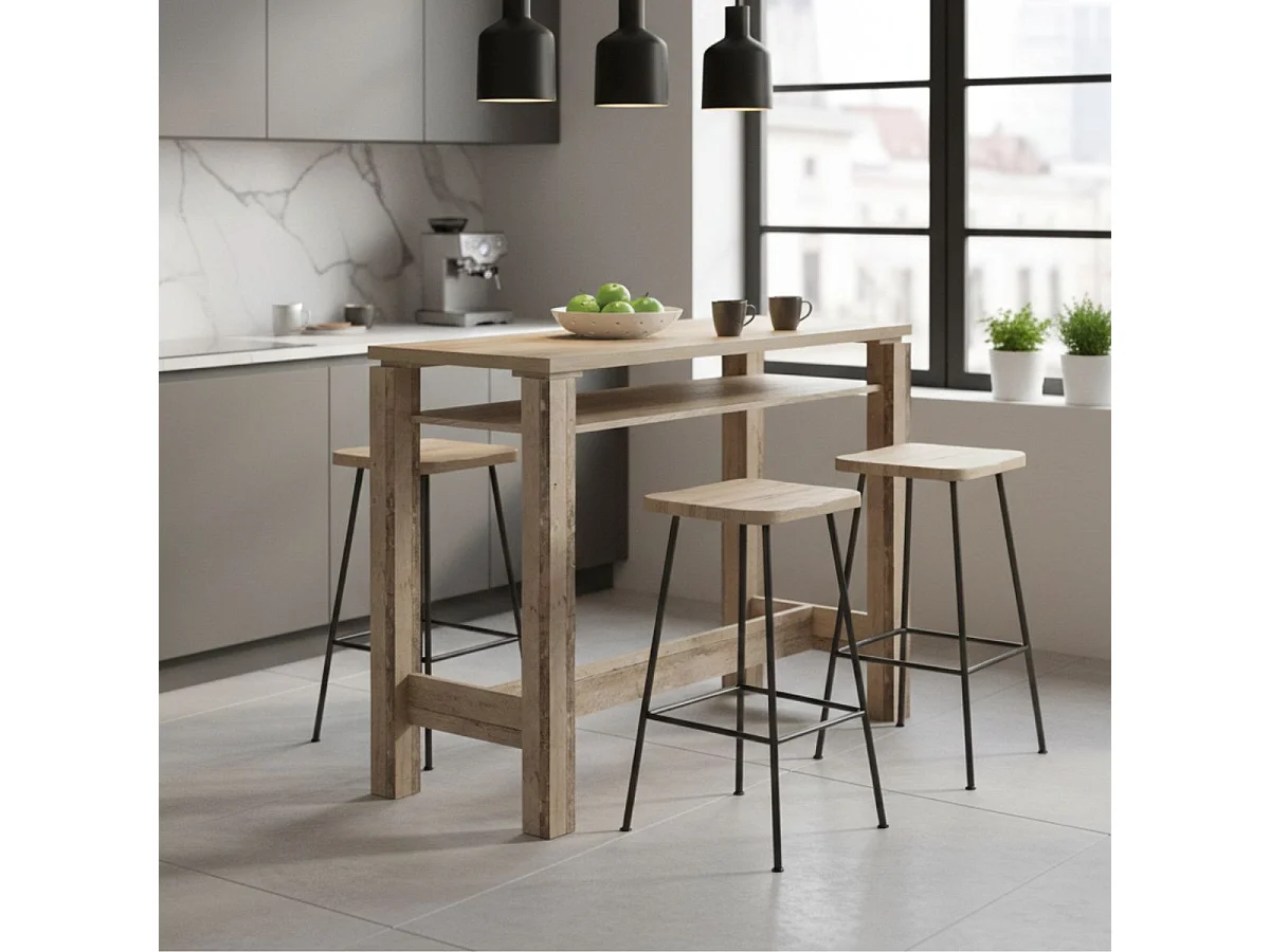 Table-bar 120cm avec étagère aspect bois vieilli - KOLYA