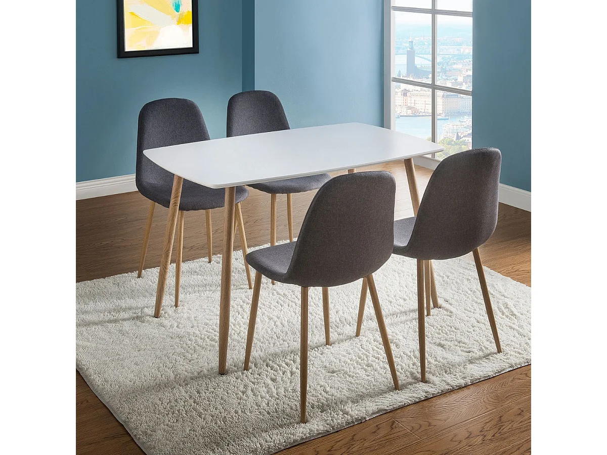 Ensemble repas table blanche + 4 chaises assises gris foncé - LEONID