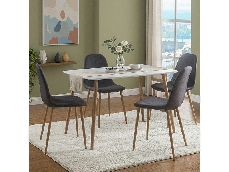 Ensemble repas table blanche + 4 chaises assises gris foncé - LEONID