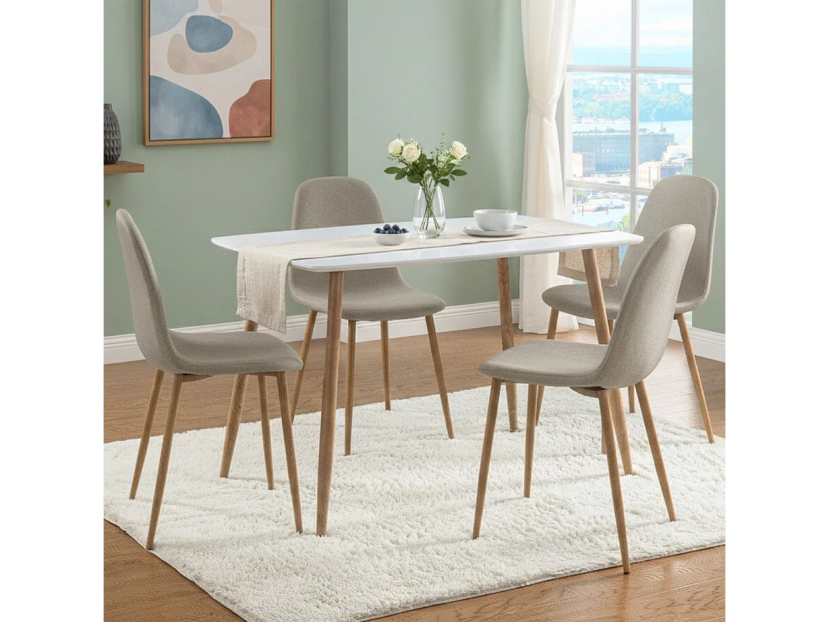 Ensemble repas table blanche + 4 chaises assises gris clair - LEONID