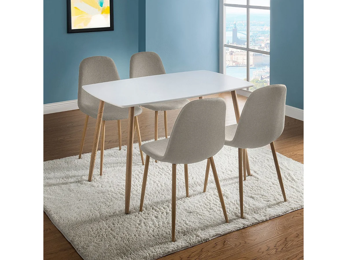 Ensemble repas table blanche + 4 chaises assises gris clair - LEONID