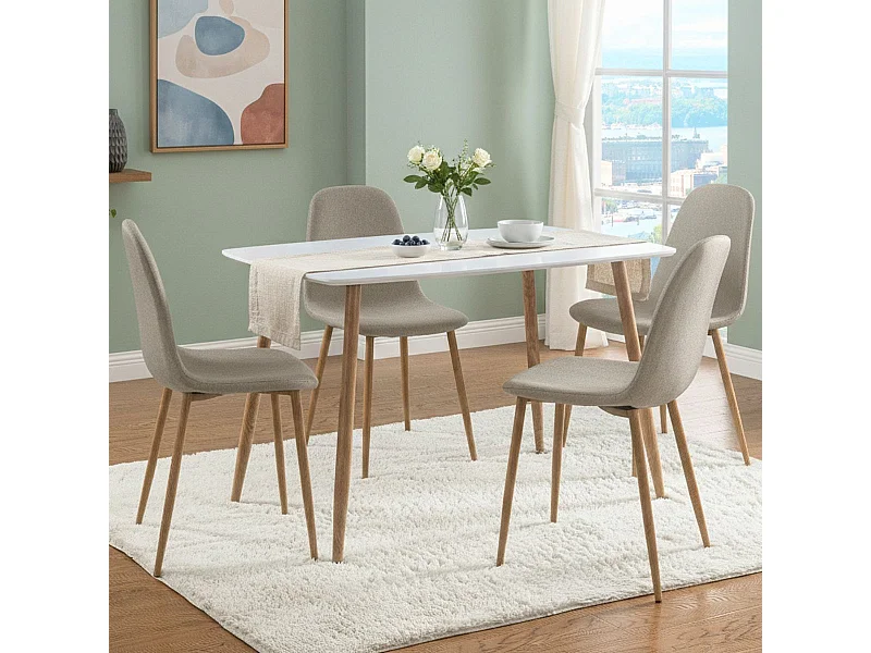 Ensemble repas table blanche + 4 chaises assises gris clair - LEONID