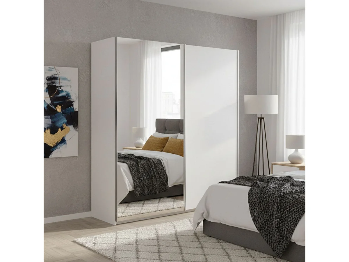 Armoire 2 portes coulissantes blanc laqué avec 1 porte miroir - MARIANE
