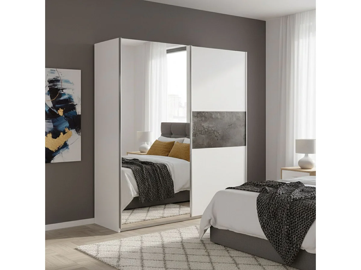 Armoire 2 portes coulissantes blanc laqué avec décor gris oxyde et 1 porte miroir - MARIANE