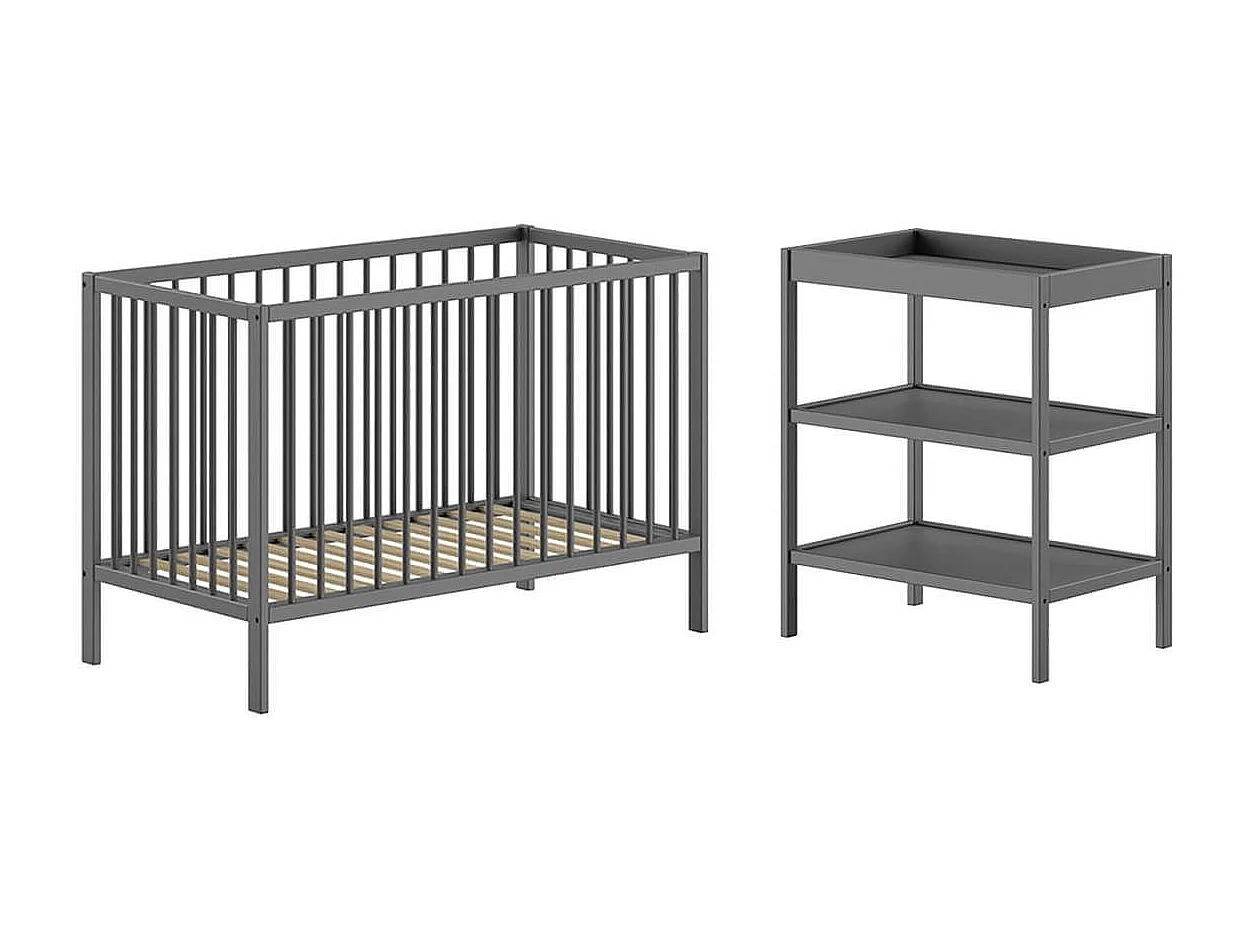 ELIOTT - Ensemble Lit BB + Table à Langer en Hêtre Massif Laqué Anthracite