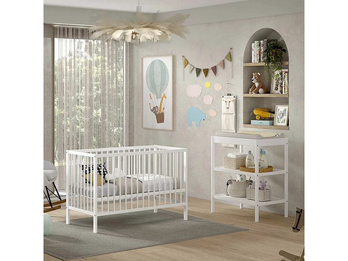 ELIOTT - Ensemble Lit BB + Table à Langer en Hêtre Massif Laqué Blanc