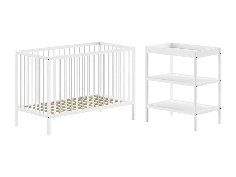 ELIOTT - Ensemble Lit BB + Table à Langer en Hêtre Massif Laqué Blanc