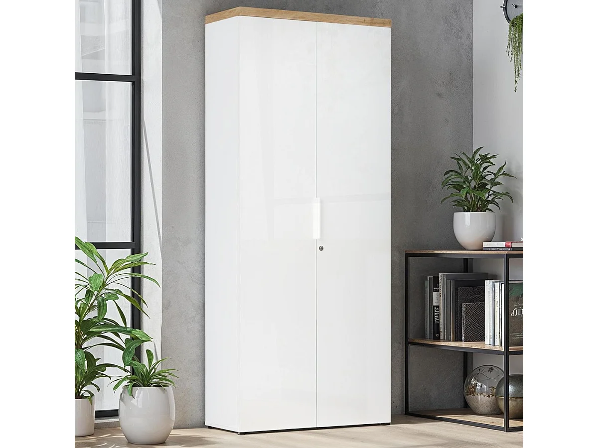 Rangement haut 2 portes blanc laqué brillant dessus aspect bois finition Cadiz - GENIUS