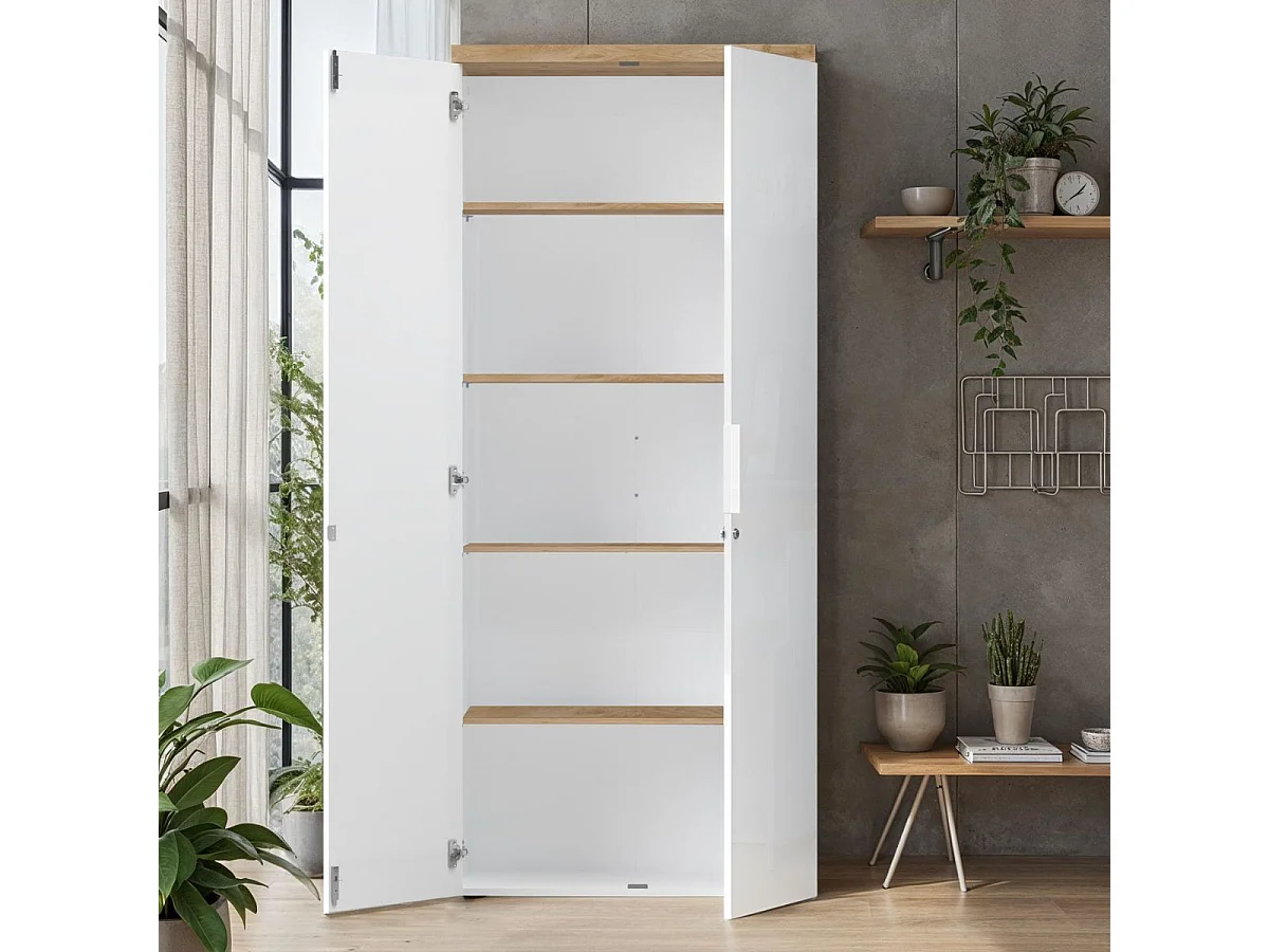 Rangement haut 2 portes blanc laqué brillant dessus aspect bois finition Cadiz - GENIUS