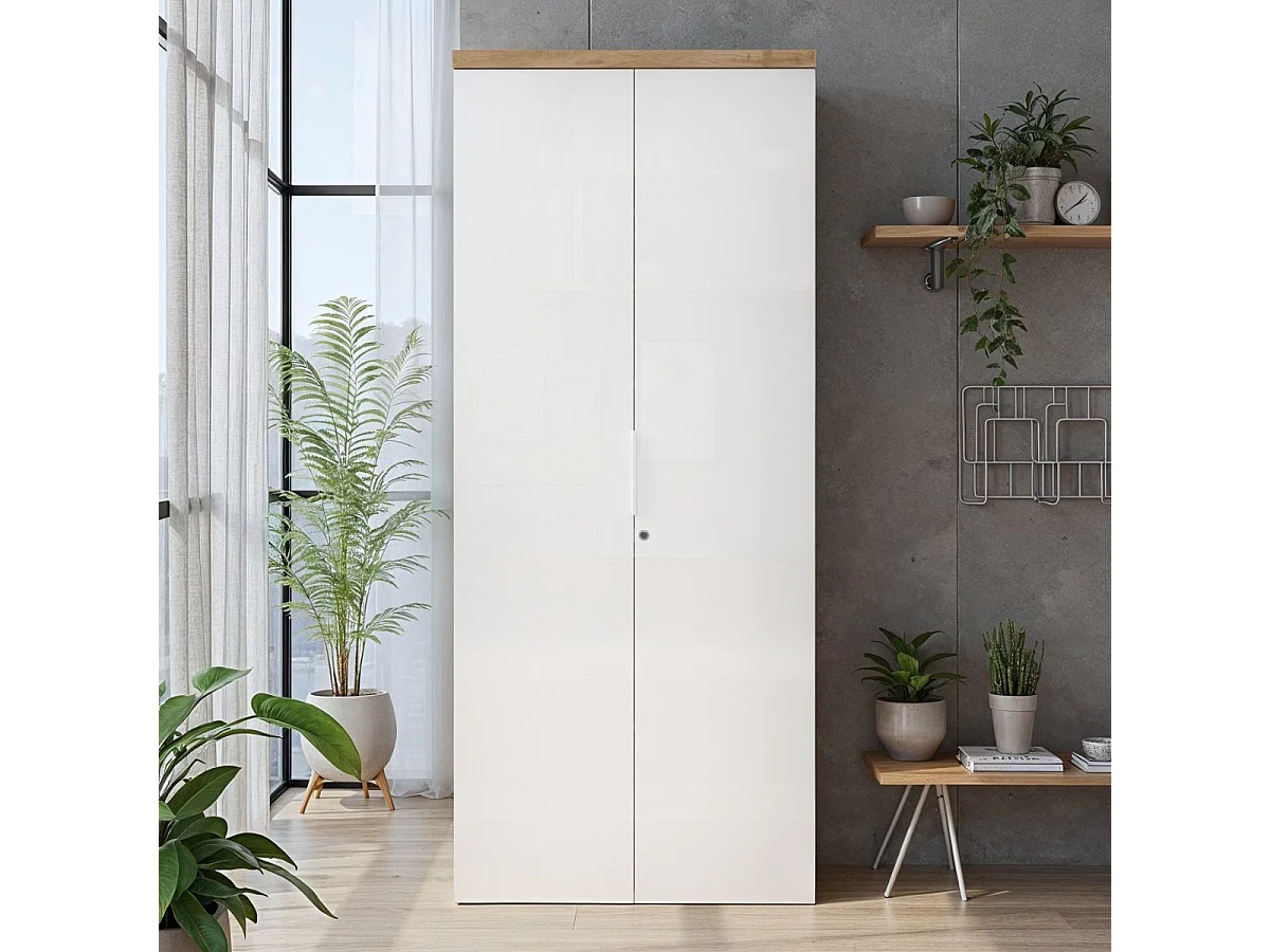 Rangement haut 2 portes blanc laqué brillant dessus aspect bois finition Cadiz - GENIUS