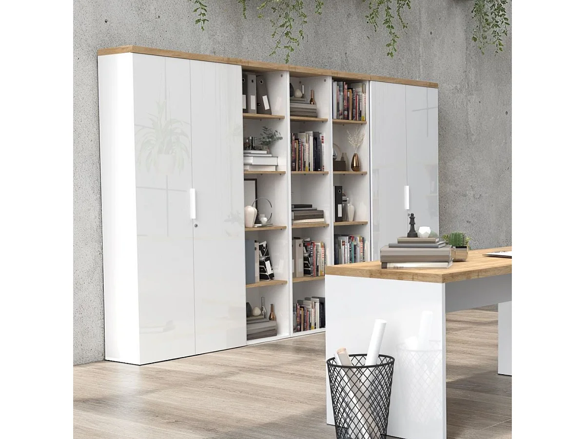 Rangement haut 2 portes blanc laqué brillant dessus aspect bois finition Cadiz - GENIUS