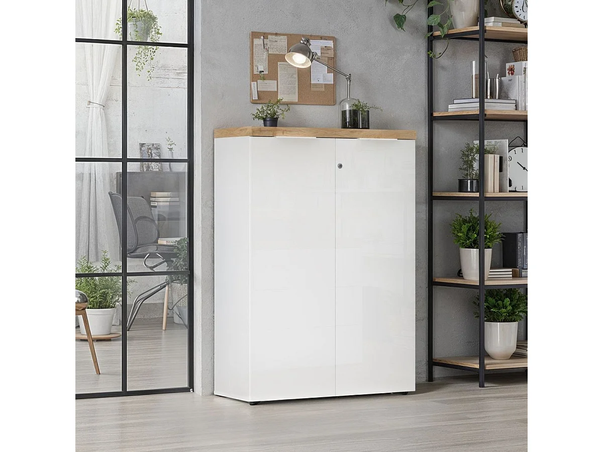 Rangement 2 portes blanc laqué brillant dessus aspect bois finition Cadiz - GENIUS