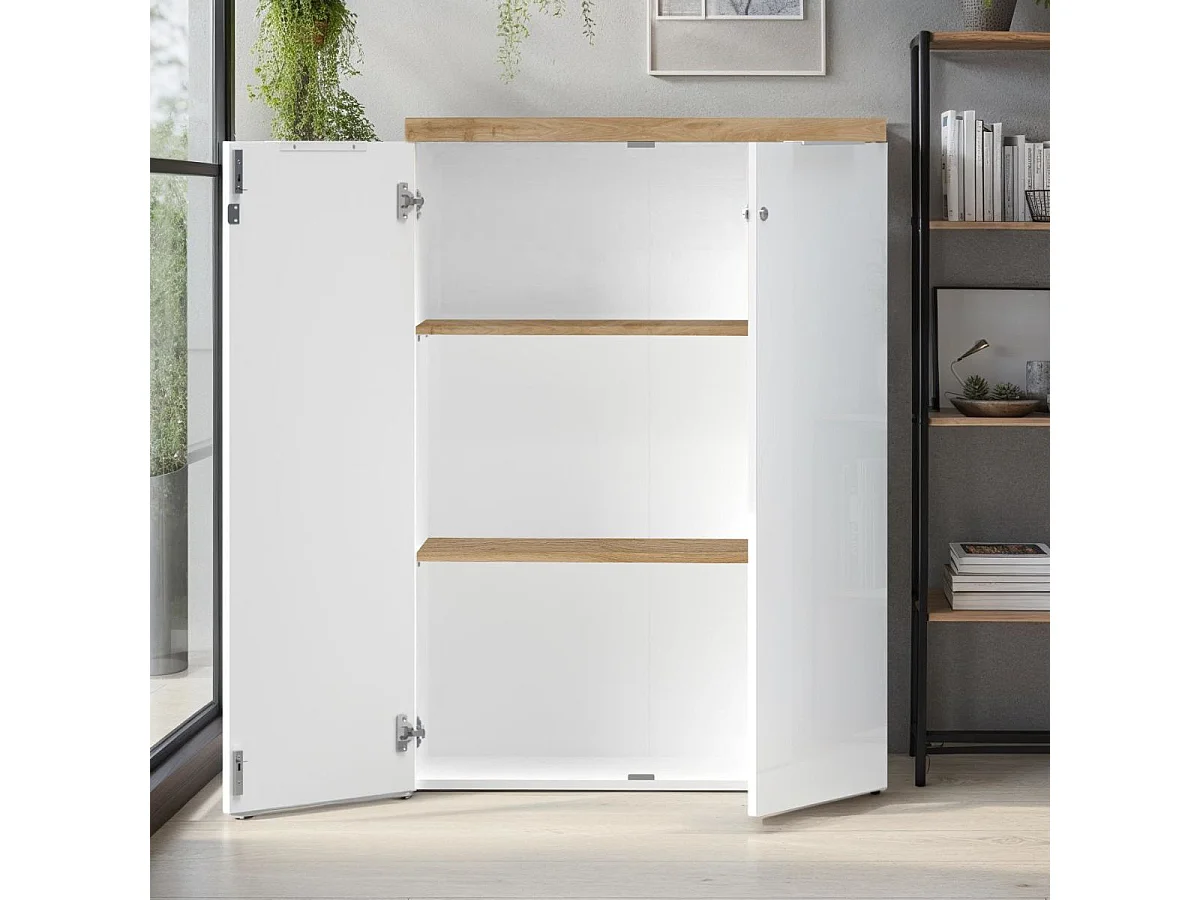 Rangement 2 portes blanc laqué brillant dessus aspect bois finition Cadiz - GENIUS