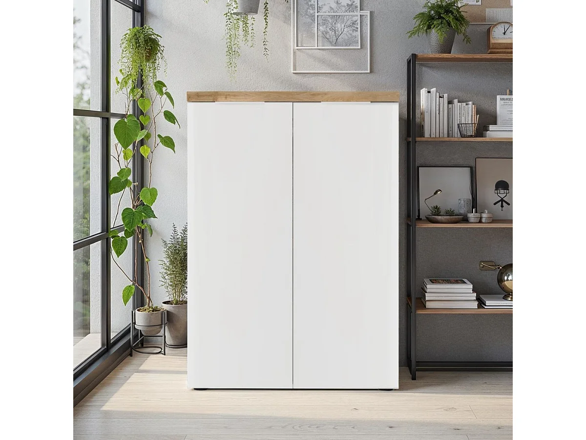 Rangement 2 portes blanc laqué brillant dessus aspect bois finition Cadiz - GENIUS