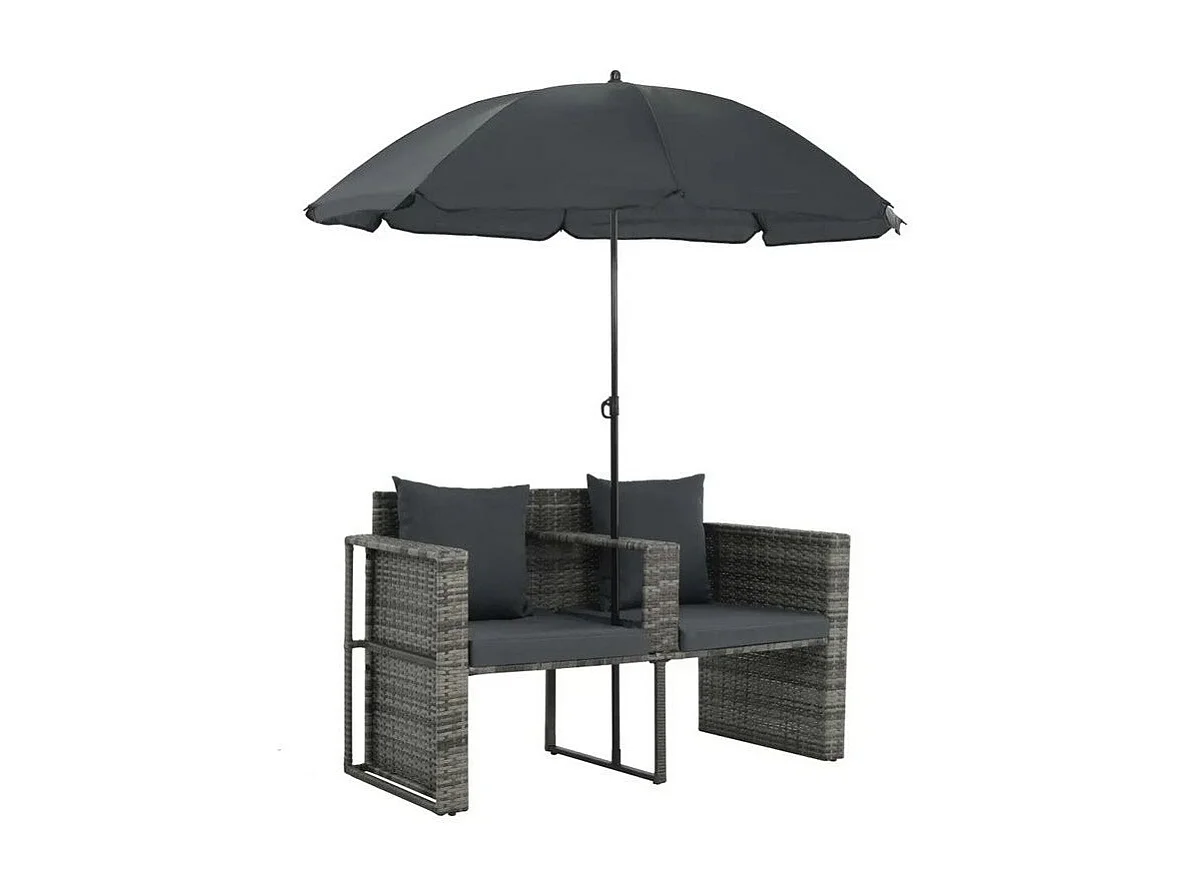 Salon de jardin avec parasol résine tressée et tissu gris Uvo