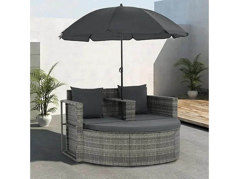 Salon de jardin avec parasol résine tressée et tissu gris Uvo