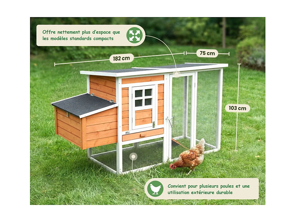 Poulailler en bois pour jardin extérieure 183x103x75cm Cage Canard avec Nichoirs Modèle Ida