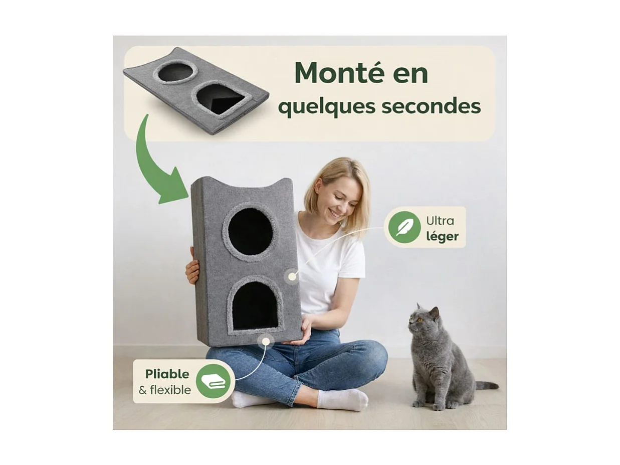 Niche maison pour chat pliable sur 2niveaux  36x61cm Gris Kira