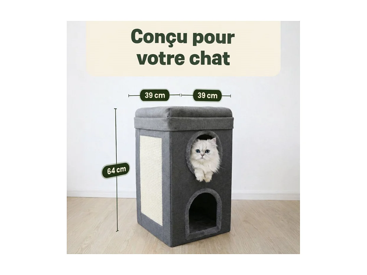 Niche maison pour chat pliable sur 2niveaux  39x64cm Gris Mona