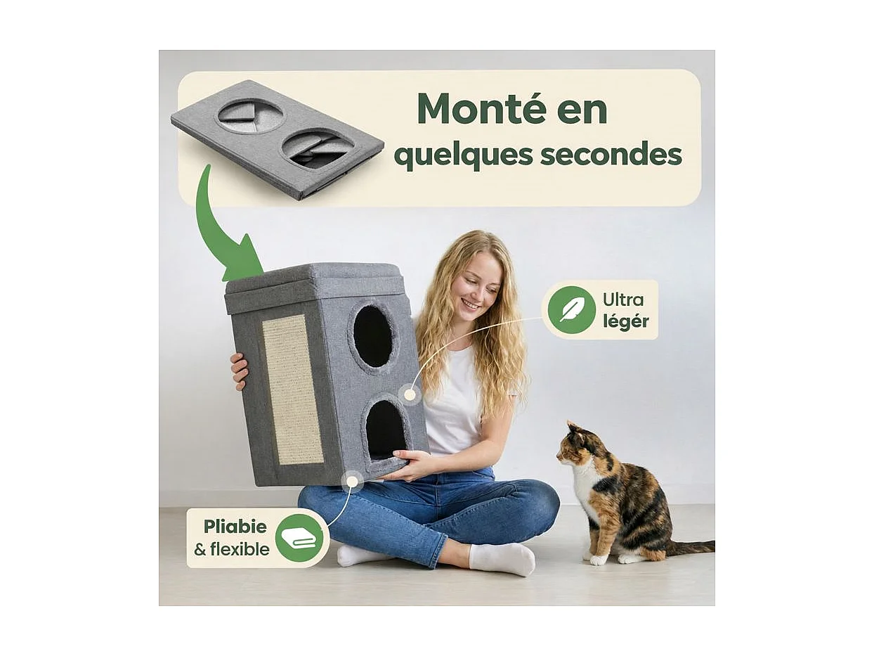 Niche maison pour chat pliable sur 2niveaux  39x64cm Gris Mona