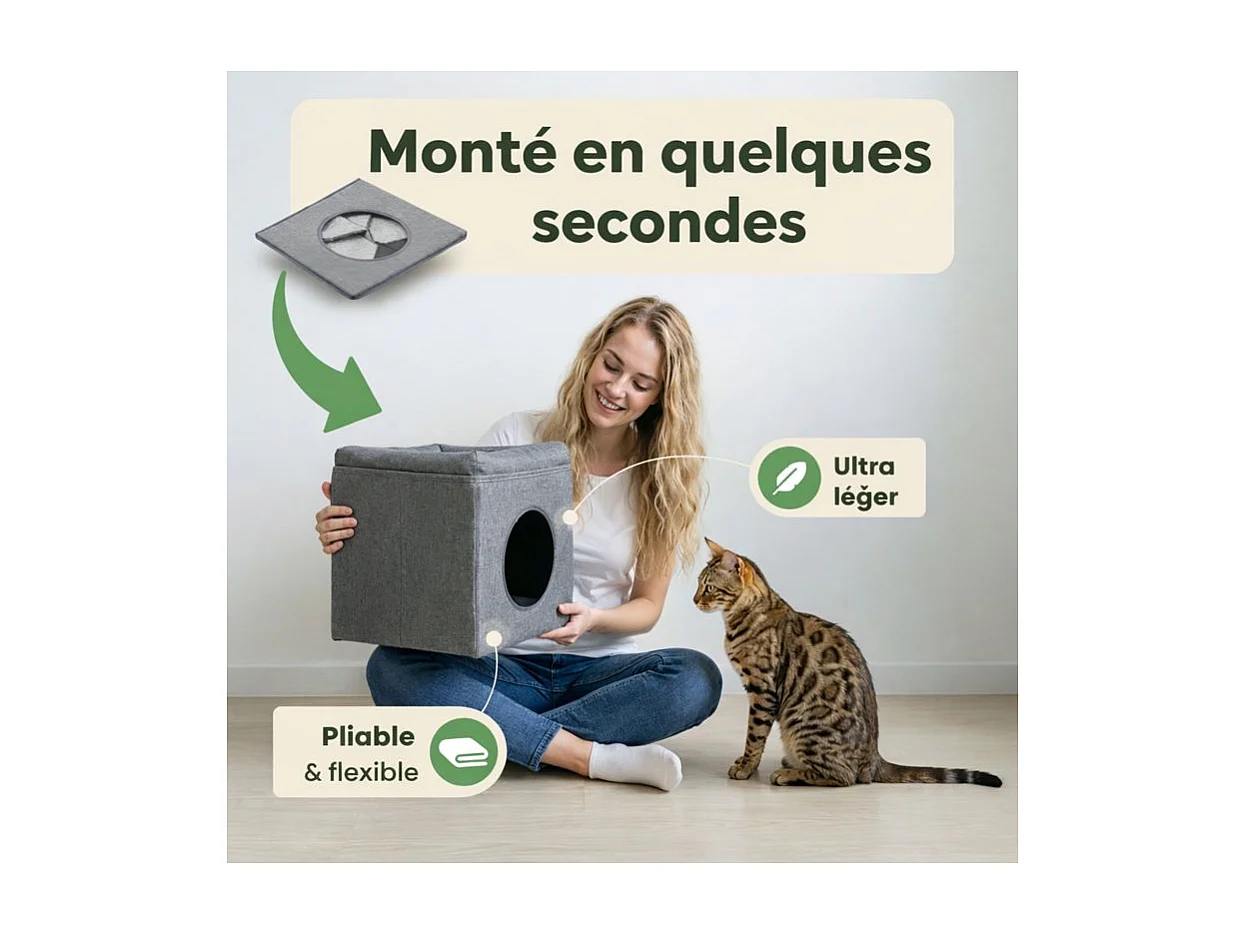 Niche maison pour chat pliable 36x36x33cm Gris Milo