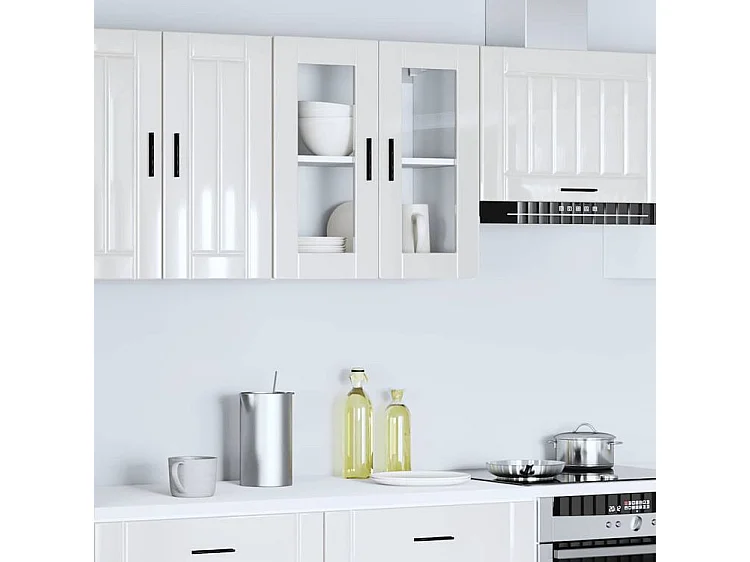 Armoire murale cuisine avec porte en verre Porto blanc brillant