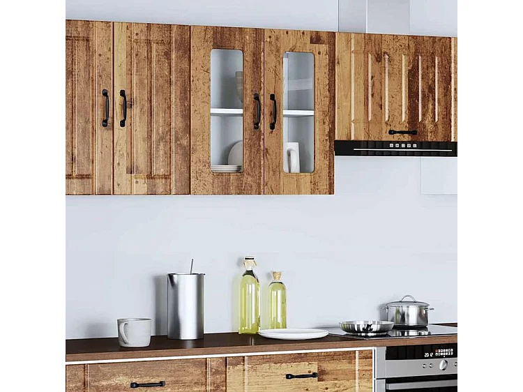 Armoire murale de cuisine avec porte en verre Kalmar vieux bois